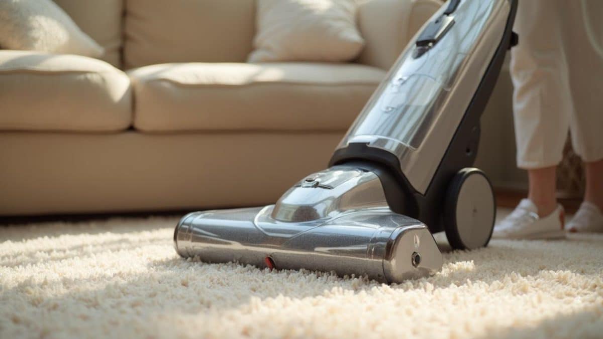 Un aspirateur électrique moderne sur un tapis épais et blanc dans un salon.