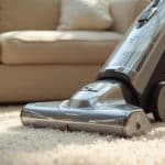 Un aspirateur électrique moderne sur un tapis épais et blanc dans un salon.