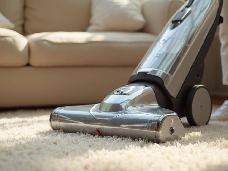 Un aspirateur électrique moderne sur un tapis épais et blanc dans un salon.