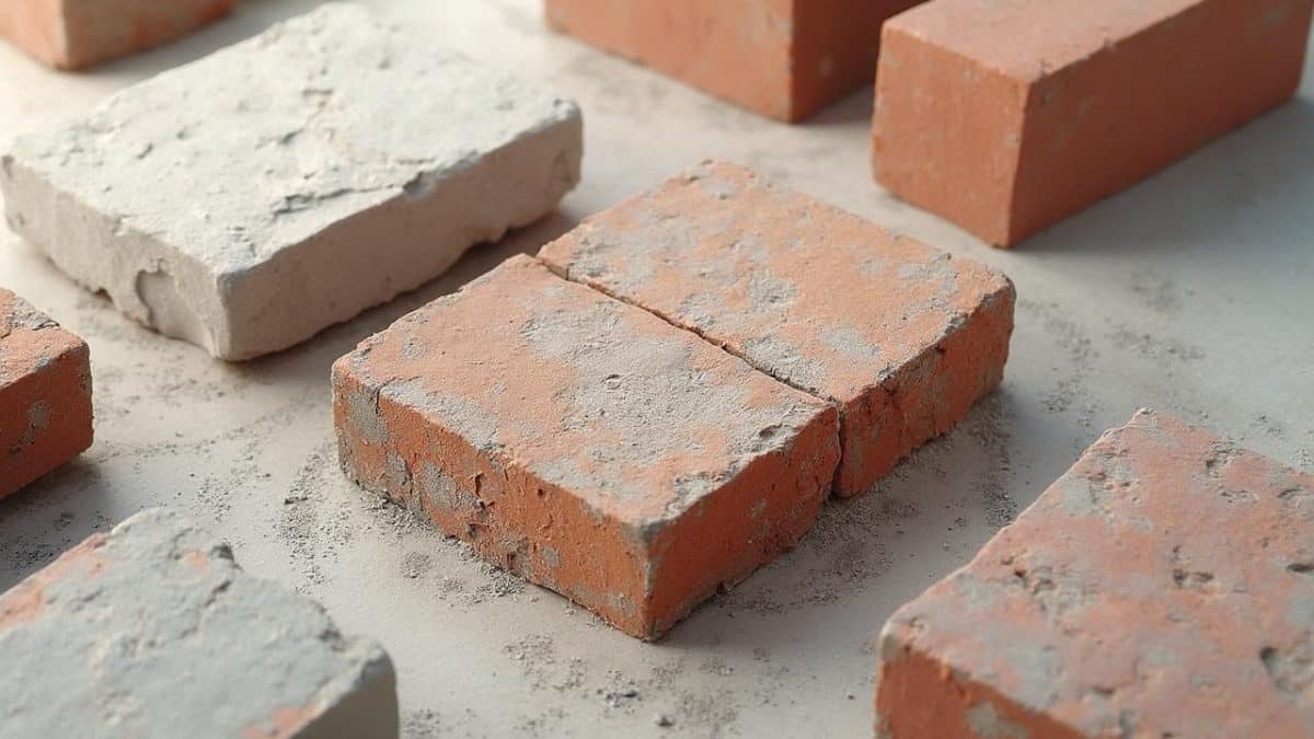 Tas de briques d'argile rouges sur un sol en ciment gris