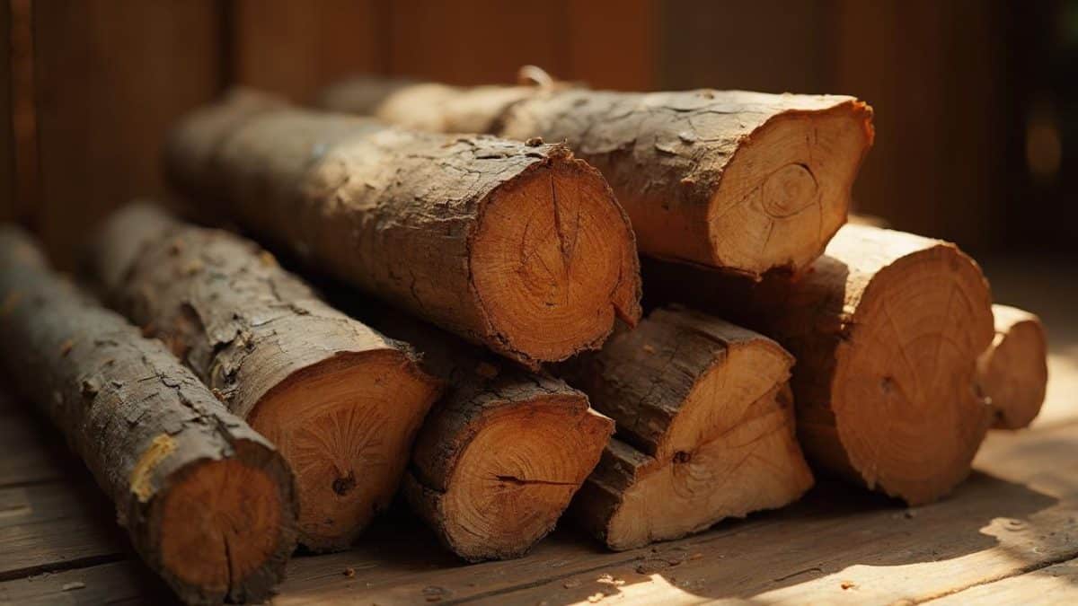 Pile de bûches de bois de chauffage empilées contre un mur en bois