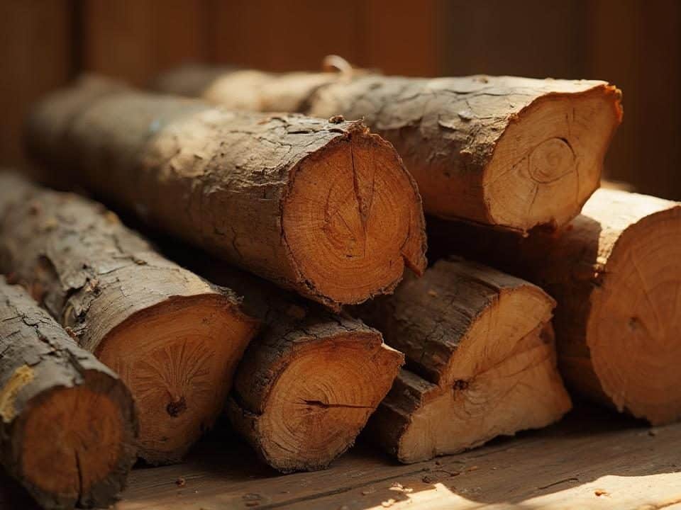 Pile de bûches de bois de chauffage empilées contre un mur en bois