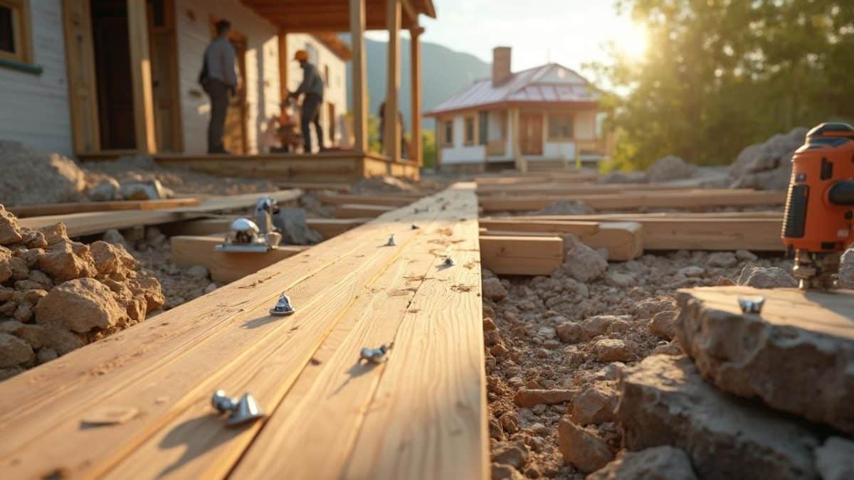 Scène de chantier de construction de maison en bois.