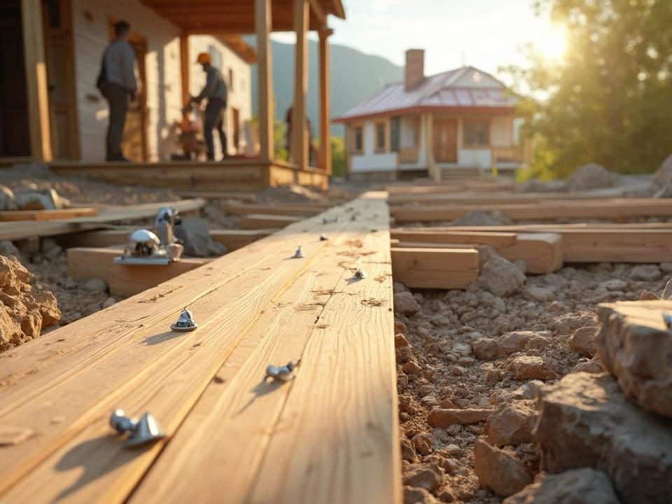 Scène de chantier de construction de maison en bois.