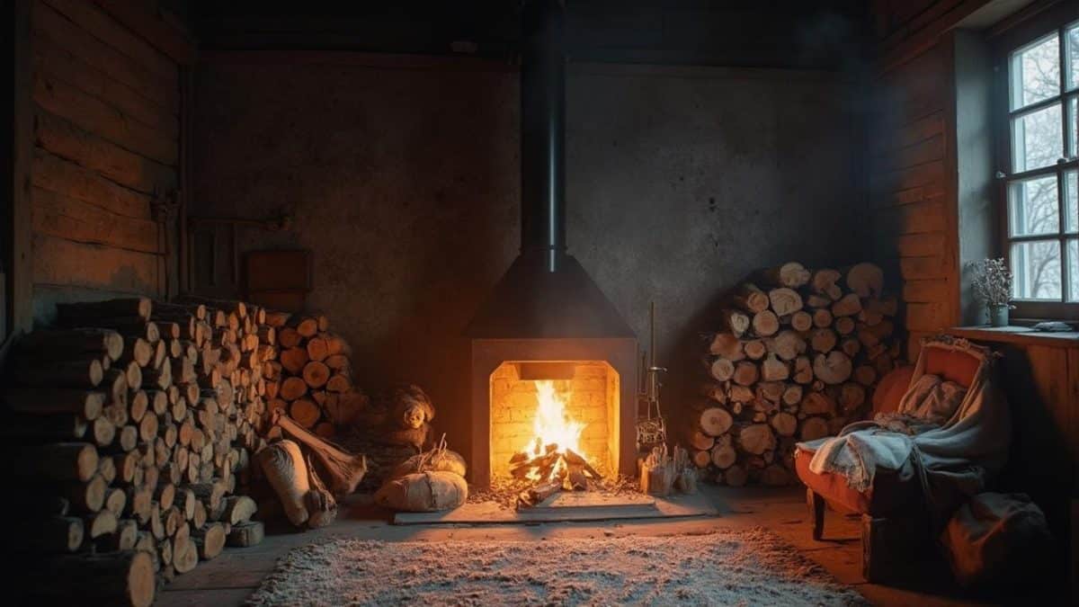 Intérieur rustique avec un feu de cheminée crépitant