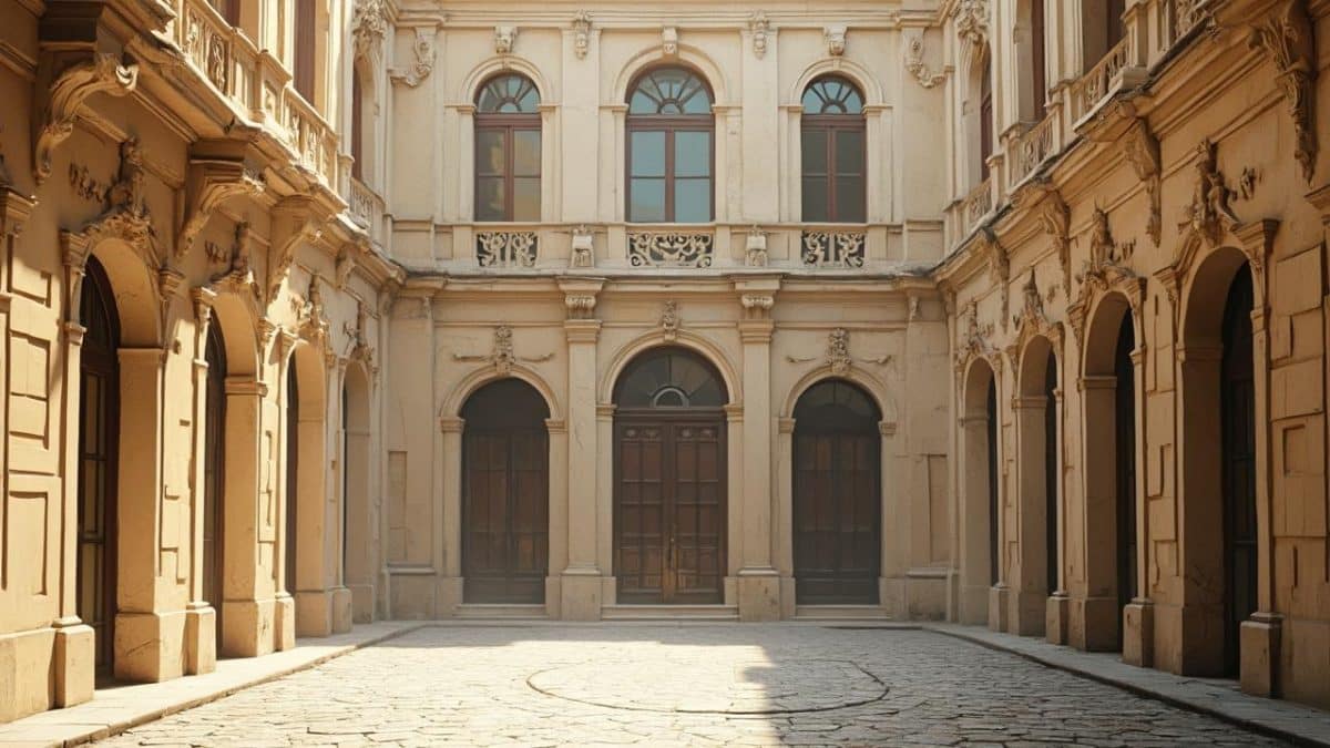 Façade d'un bâtiment historique avec des arches décorées.