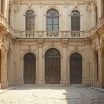 Façade d'un bâtiment historique avec des arches décorées.