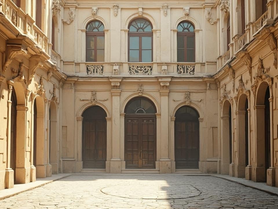 Façade d'un bâtiment historique avec des arches décorées.