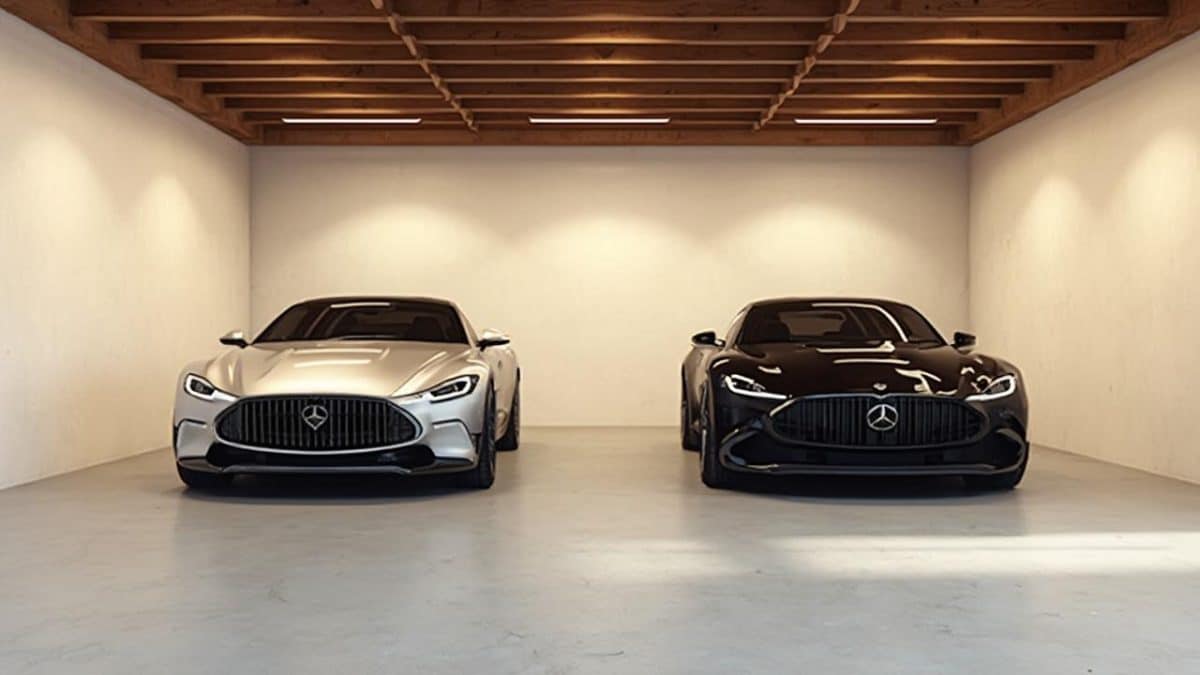 Deux voitures de luxe Mercedes-Benz AMG dans un garage moderne