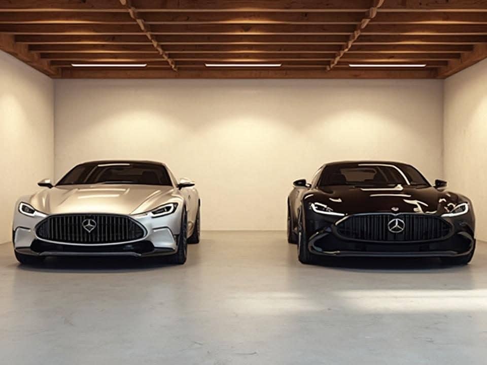 Deux voitures de luxe Mercedes-Benz AMG dans un garage moderne