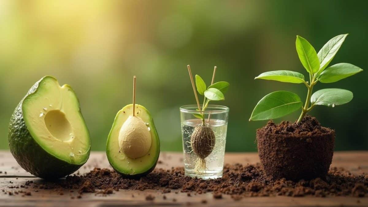 Avocat, graine et jeune plante poussant dans la terre