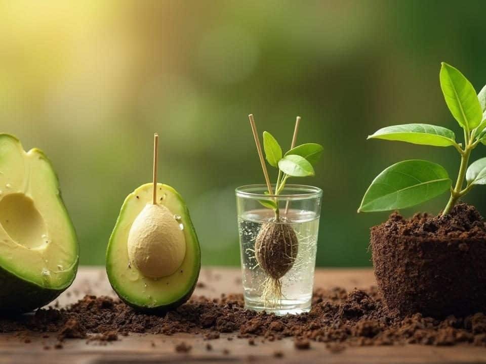 Avocat, graine et jeune plante poussant dans la terre