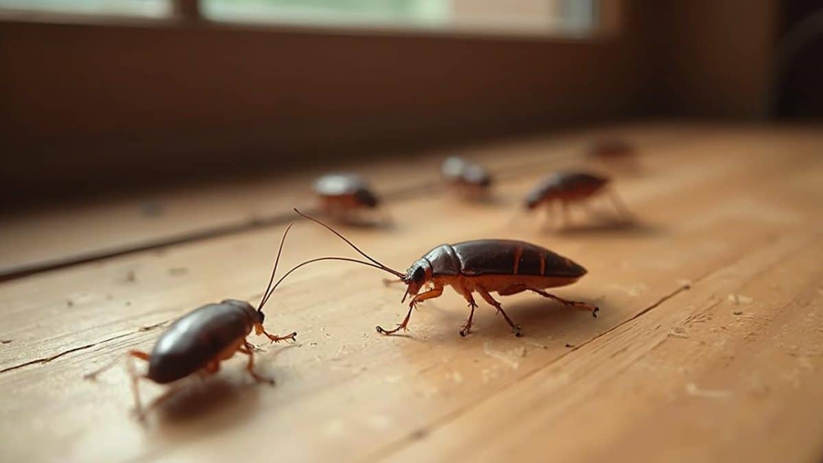 Plusieurs insectes sombres rampant sur une surface en bois rustique