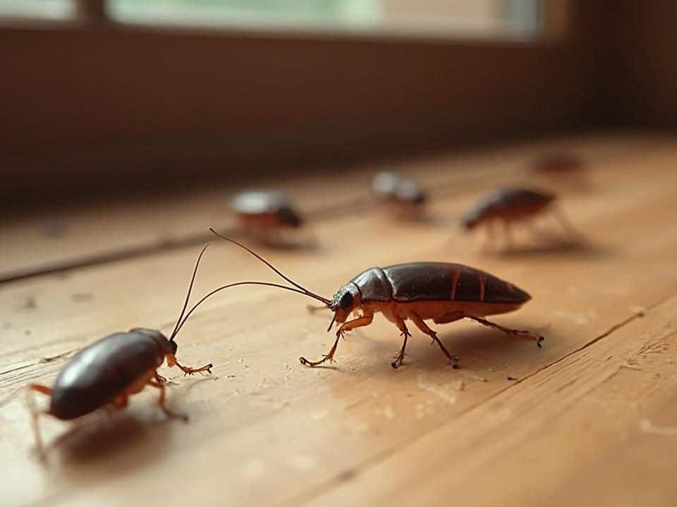 Plusieurs insectes sombres rampant sur une surface en bois rustique