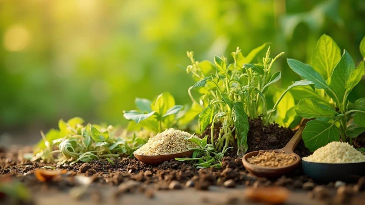 Gros plan sur des plantes et engrais naturels dans un jardin