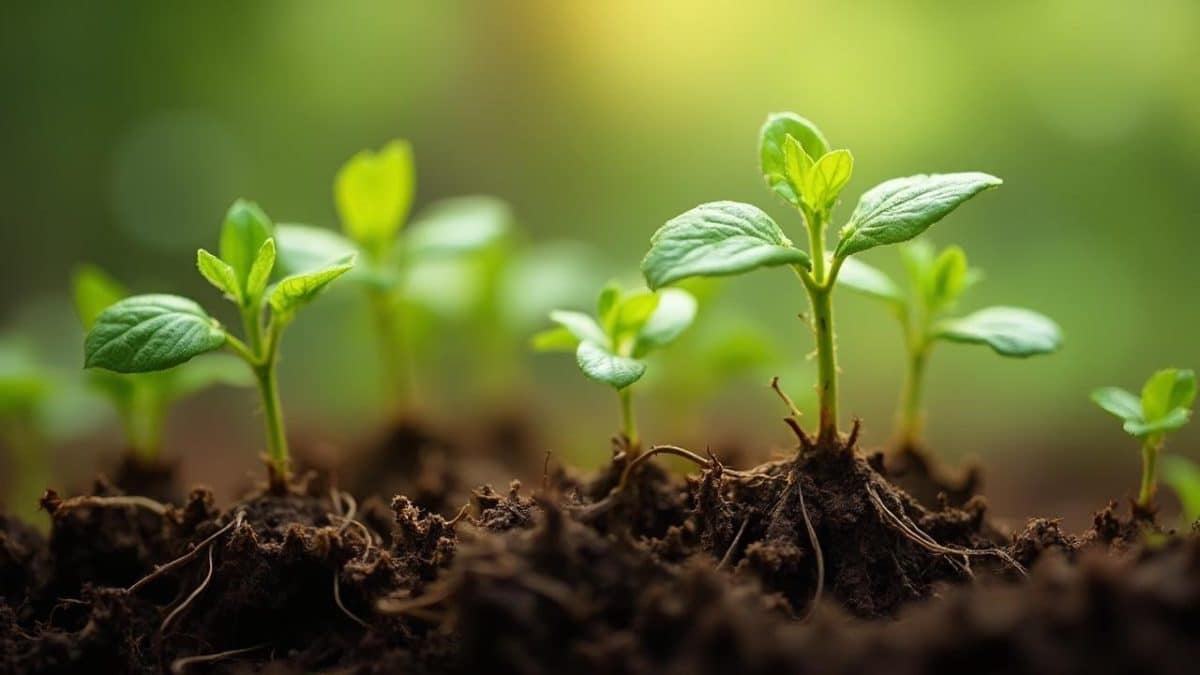 Image montrant de jeunes pousses vertes émergeant du sol fertile.