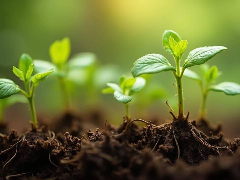 Image montrant de jeunes pousses vertes émergeant du sol fertile.