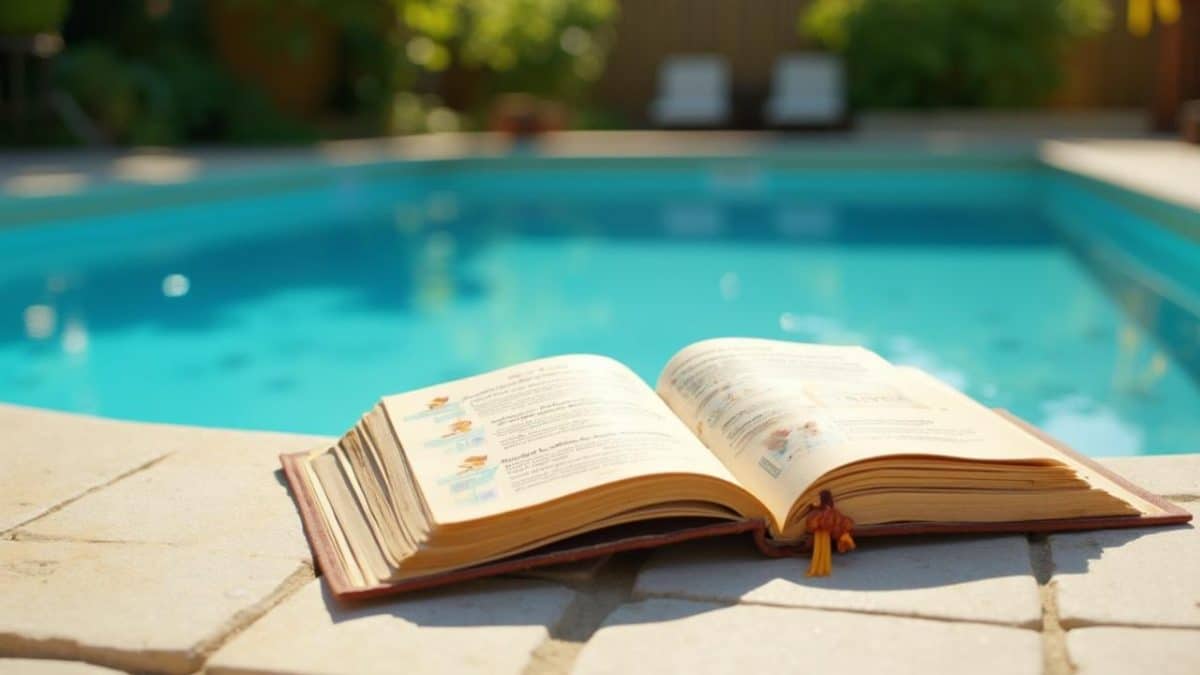 Un livre ouvert posé sur le bord d'une piscine turquoise