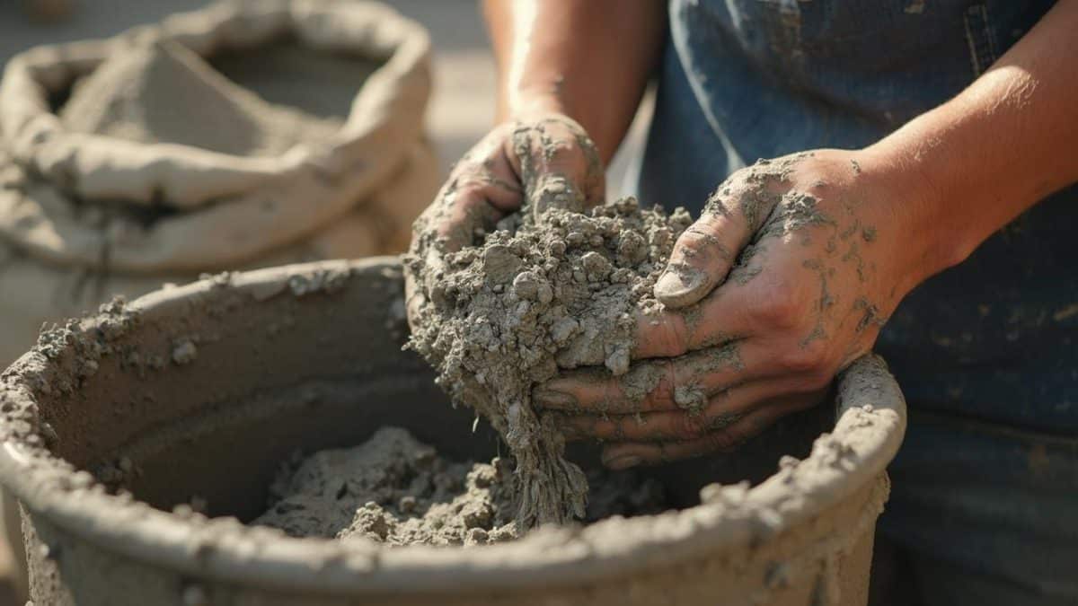 Main d'une personne travaillant avec de la terre argileuse