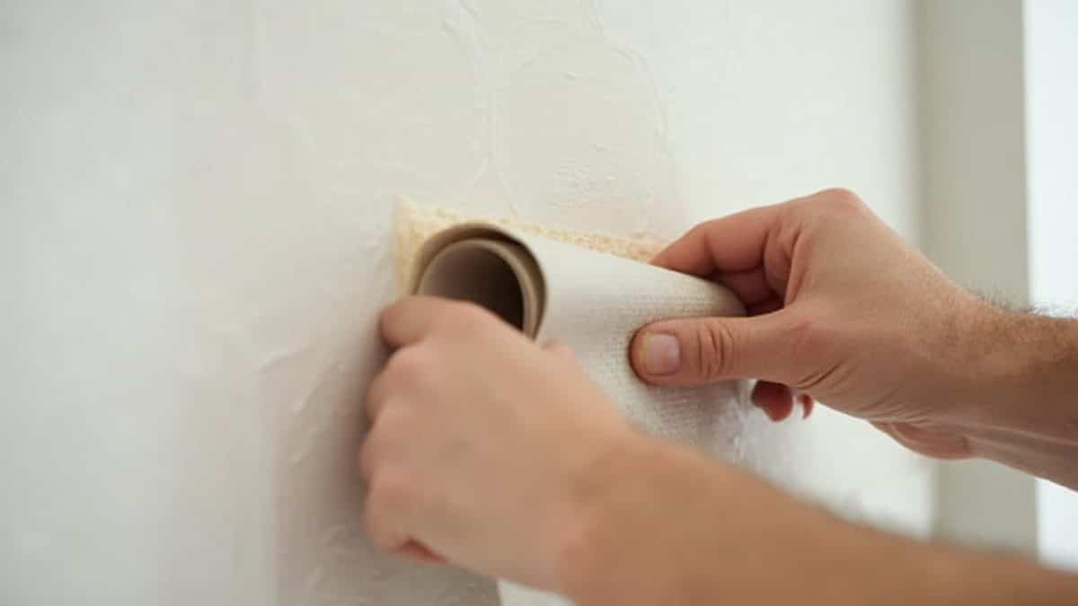 Mains appliquant du papier peint sur un mur blanc