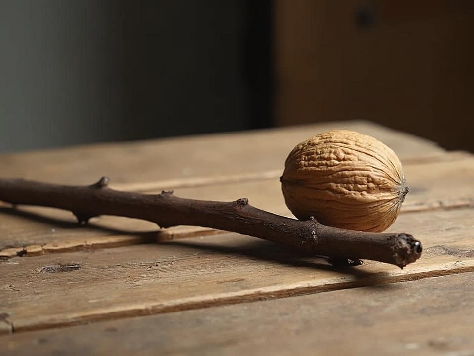 Gros plan d'une noix sur une branche de bois texturée