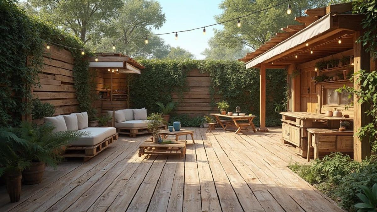 Terrasse en bois avec meubles et décorations dans un jardin