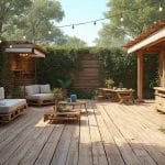 Terrasse en bois avec meubles et décorations dans un jardin