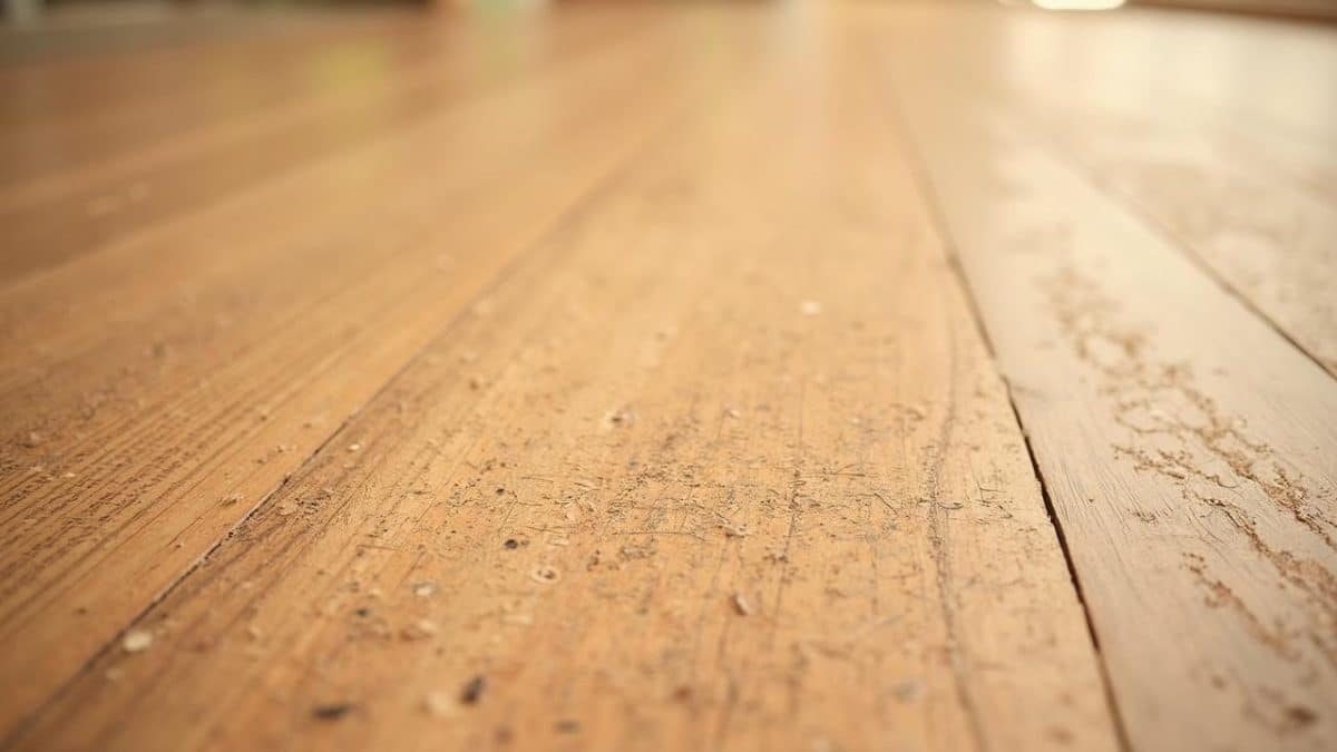 Image close-up d'un plancher en bois ancien avec des marques et des fissures