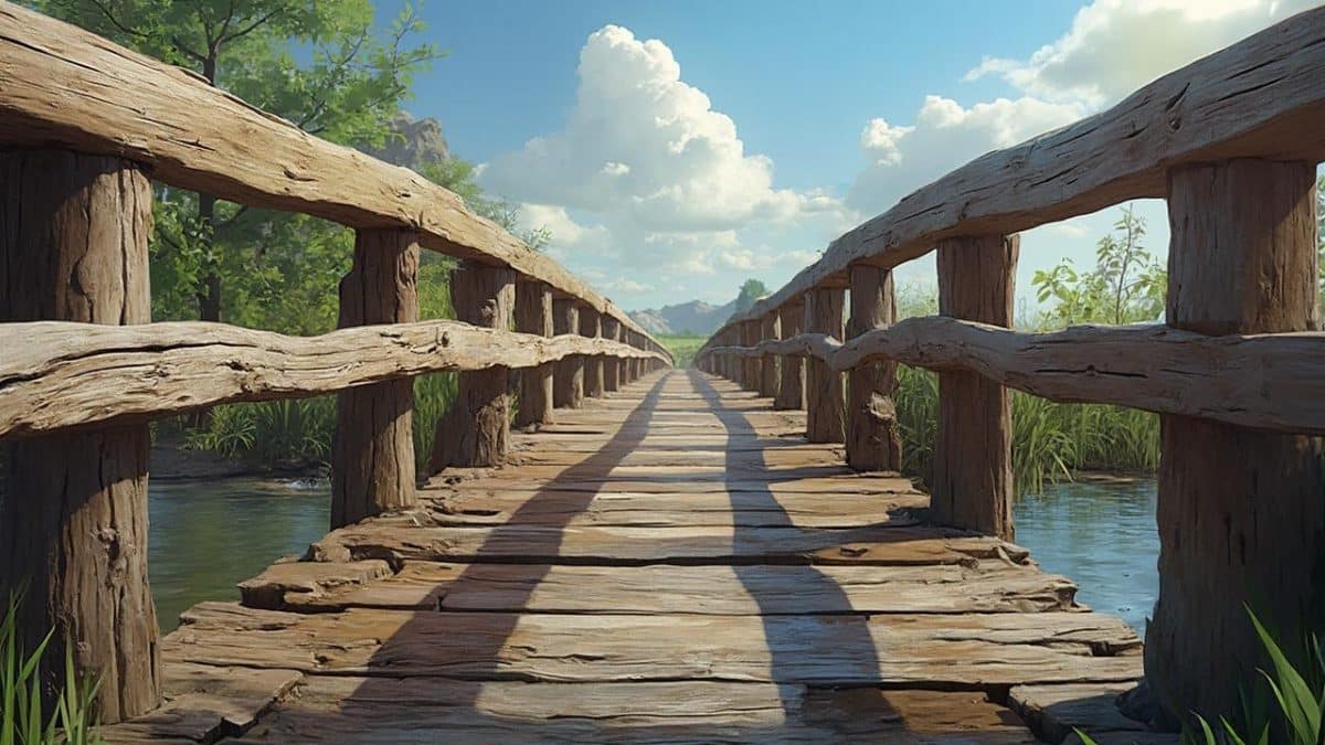 Passerelle de bois traversant une rivière dans un paysage verdoyant