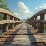 Passerelle de bois traversant une rivière dans un paysage verdoyant