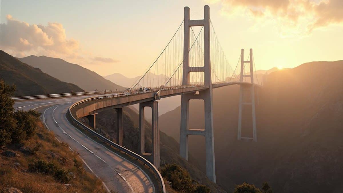 Image d'un pont suspendu enjambant un paysage montagneux sous un ciel doré au coucher du soleil