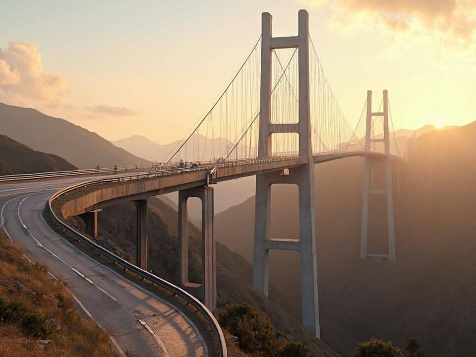 Image d'un pont suspendu enjambant un paysage montagneux sous un ciel doré au coucher du soleil