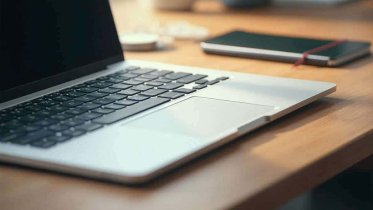 Un ordinateur portable posé sur un bureau, avec clavier et bloc-notes