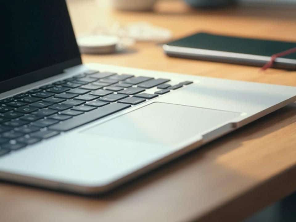 Un ordinateur portable posé sur un bureau, avec clavier et bloc-notes