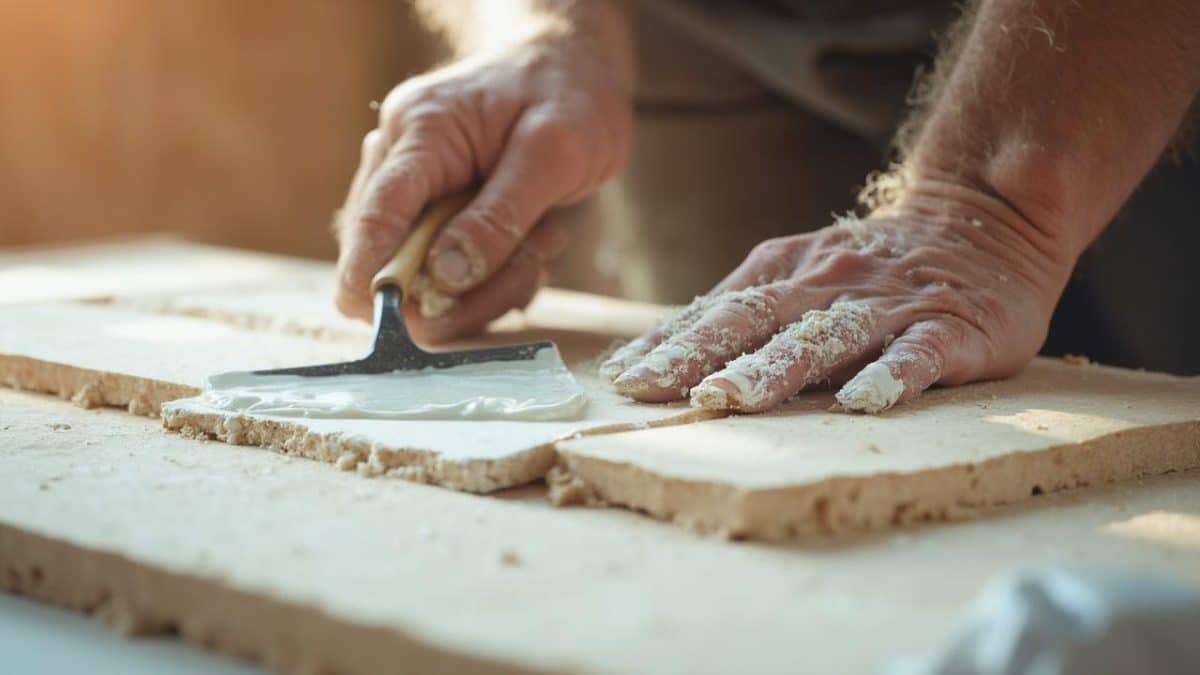 Gros plan sur les mains d'un boulanger pétrissant la pâte sur une planche en bois