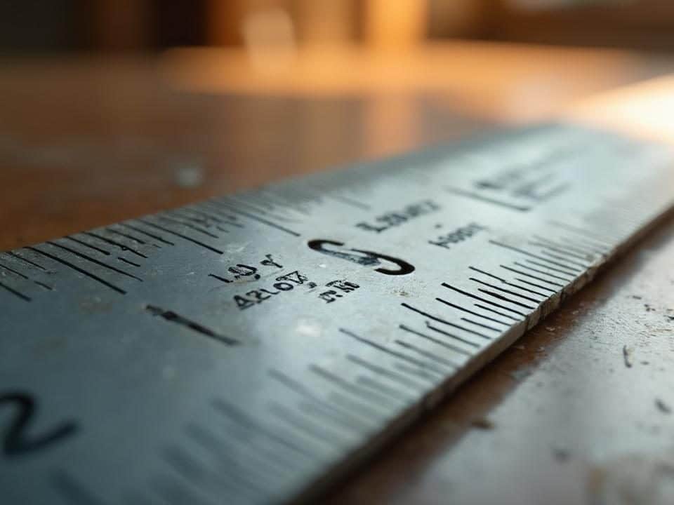 Photographie d'une règle de mesure en métal posée sur une surface en bois.