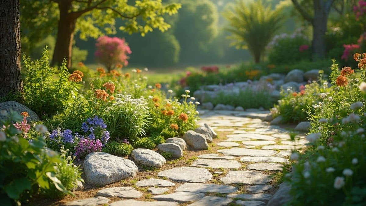 Sentier de jardin bordé de fleurs colorées et de pierres.