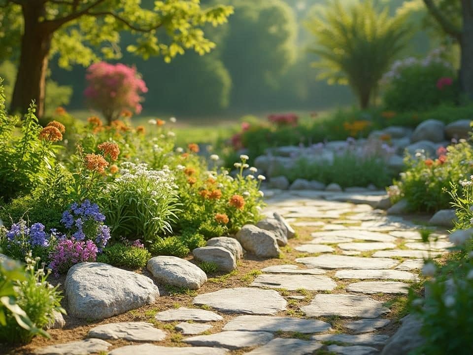 Sentier de jardin bordé de fleurs colorées et de pierres.