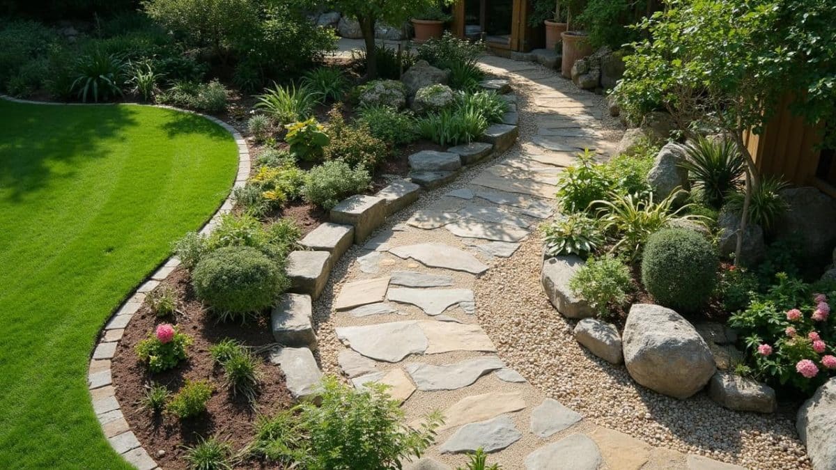 Allée de jardin en pierre naturelle entourée de plantes vertes