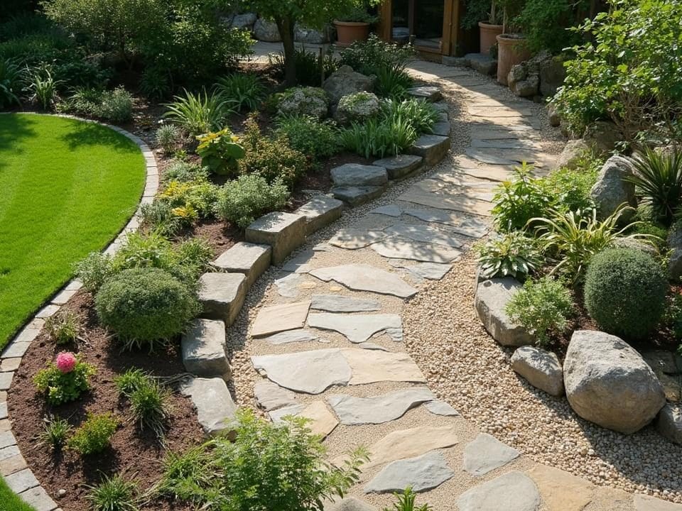 Allée de jardin en pierre naturelle entourée de plantes vertes