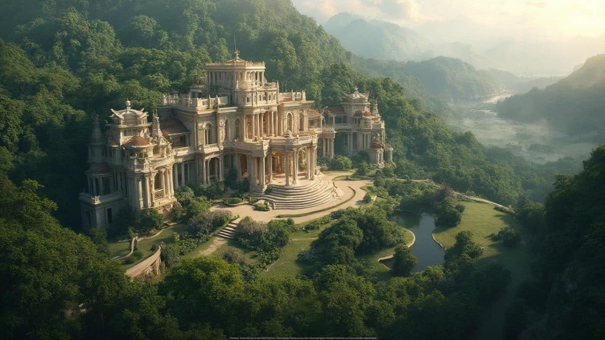 Vue aérienne d'un majestueux château au milieu d'une forêt verdoyante.