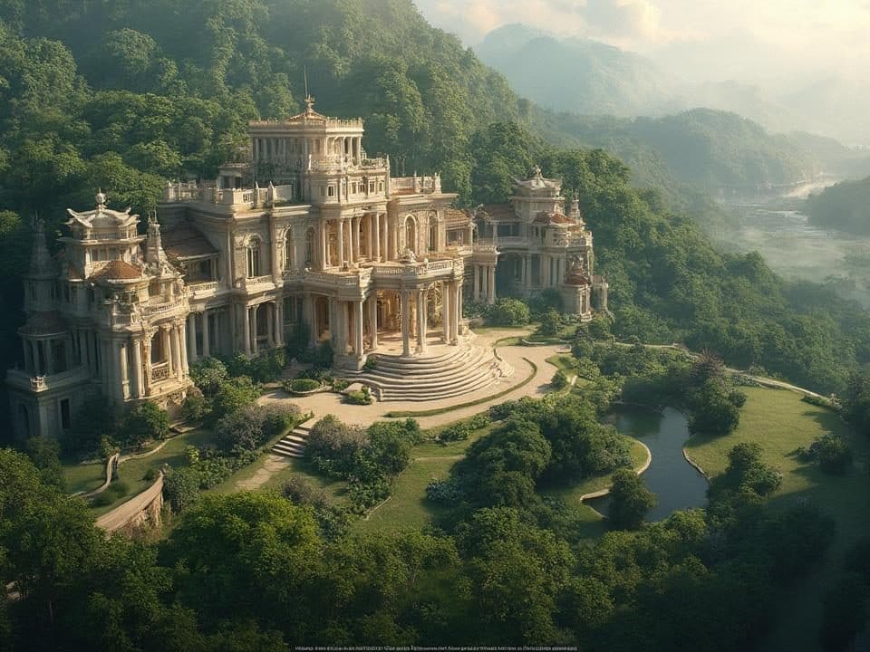 Vue aérienne d'un majestueux château au milieu d'une forêt verdoyante.