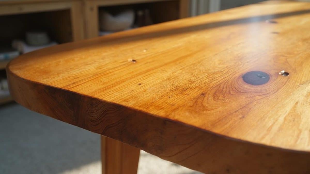 Gros plan sur une table en bois aux teintes chaudes et naturelles