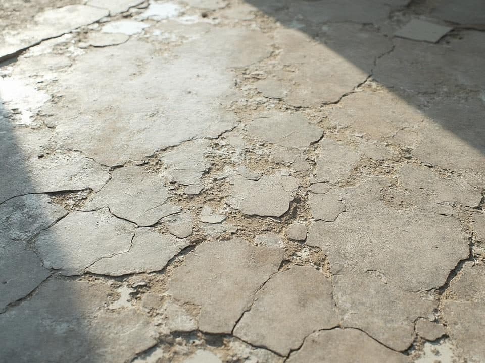 Image montrant une surface de sol en béton ou en pierre avec de nombreuses fissures et craquelures.