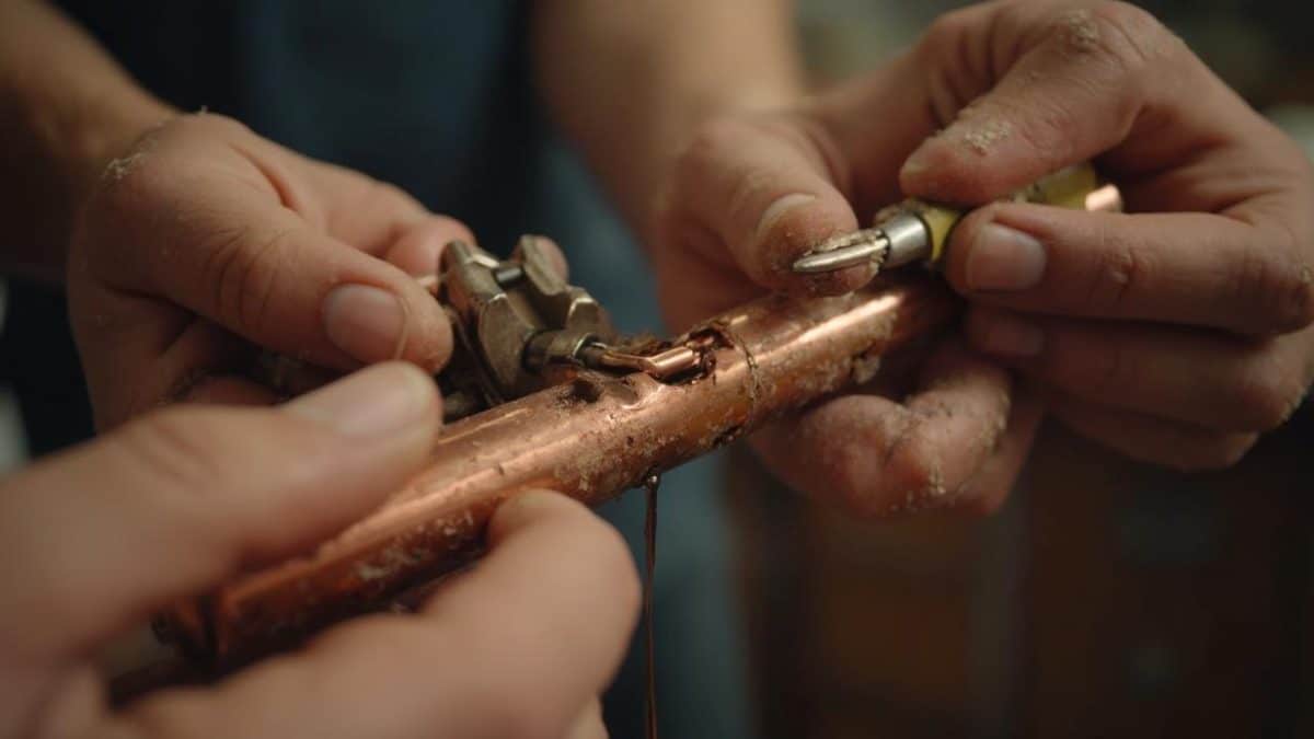 Des mains en gros plan travaillant sur un élément en cuivre à l'aide d'outils